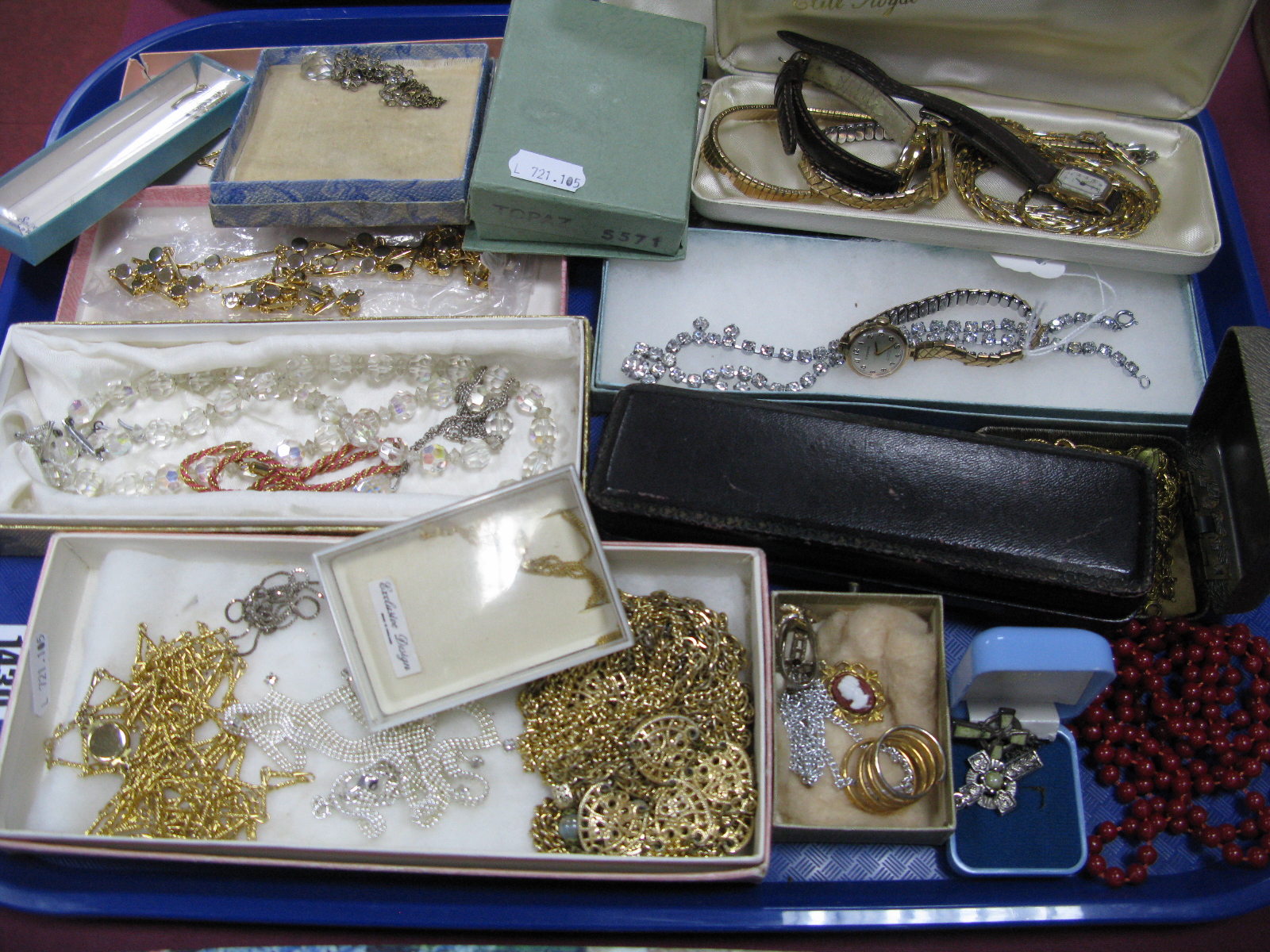 A 9ct Gold Cased Ladies Wristwatch, costume necklaces, beads, etc:- One Tray