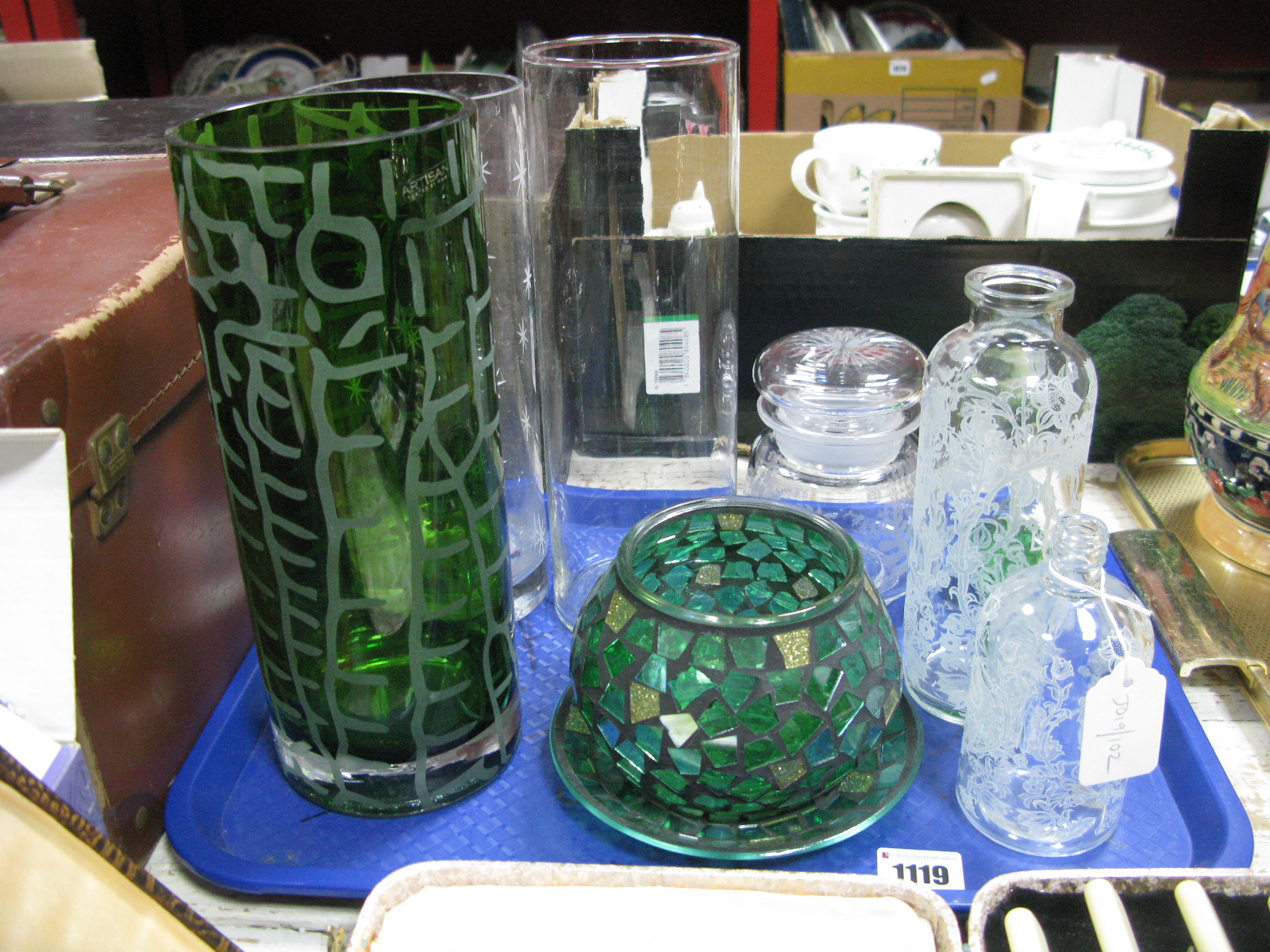 "Liberty Scents" Glass Bottles, green mosaic glass candle holder, toilet jar, tall glass vases,