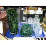 "Liberty Scents" Glass Bottles, green mosaic glass candle holder, toilet jar, tall glass vases,