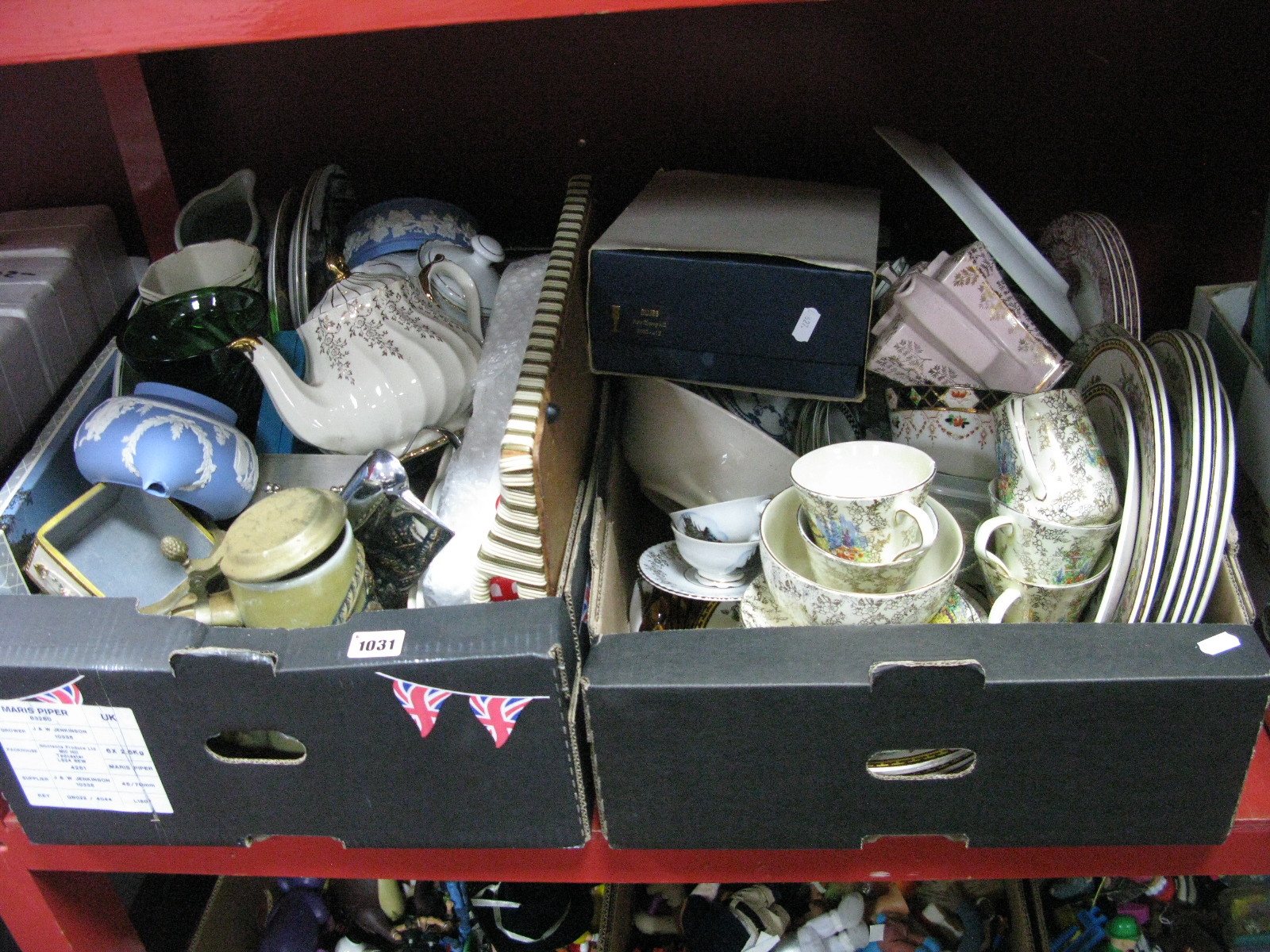 Teapots, cabinet plates, glassware, German stein, tray, etc:- Two Boxes