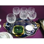 Two Mid XX Century Glass Ashtrays, six hock glasses, mug, trinket tray.