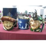 Royal Doulton Character Jugs 'Robin Hood' D652 and Drake, Wedgewood Jasper Ware, biscuit barrel with