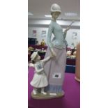 Lladro Model of a 'Lady Walking with Girl Holding a Teddy bear, (1978-85).