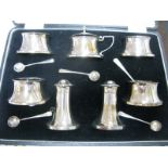 A Matched Hallmarked Silver Seven Piece Cruet Set, JG Ltd Birmingham 1932, 1933 in original fitted