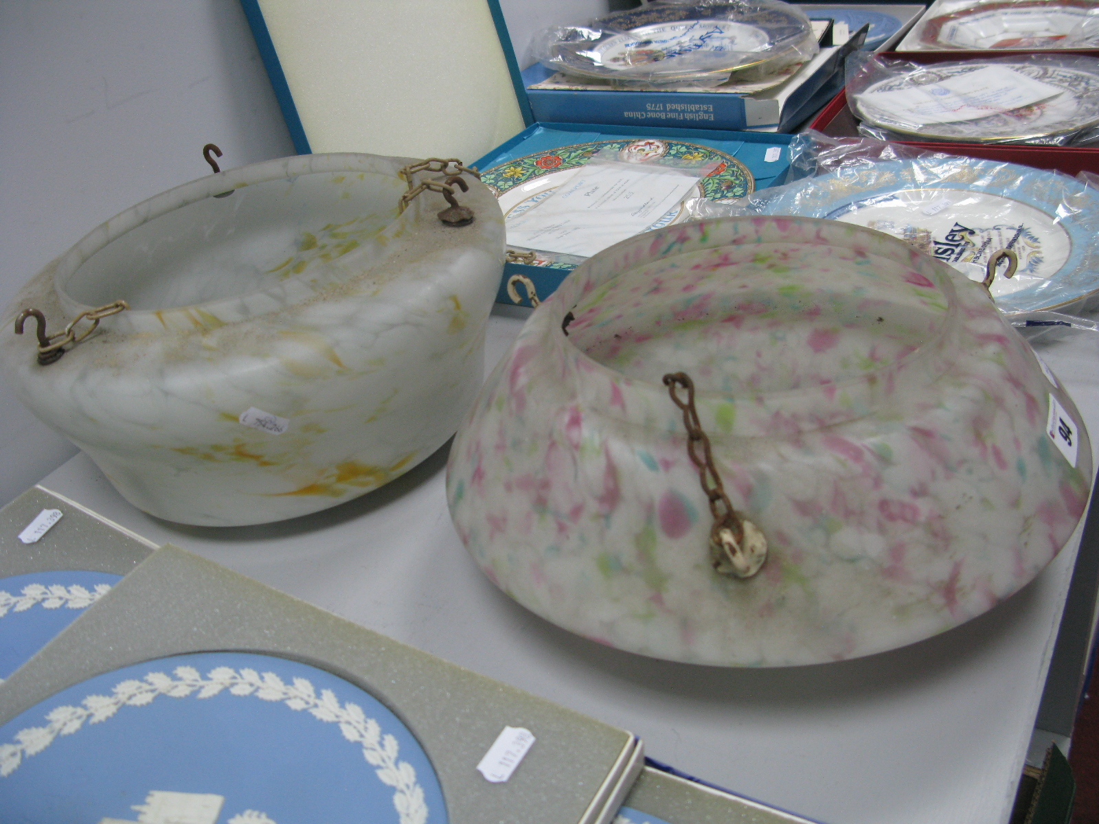 A Pink Mottled Glass Ceiling Light, circa 1920's, another similar in yellow. (2)