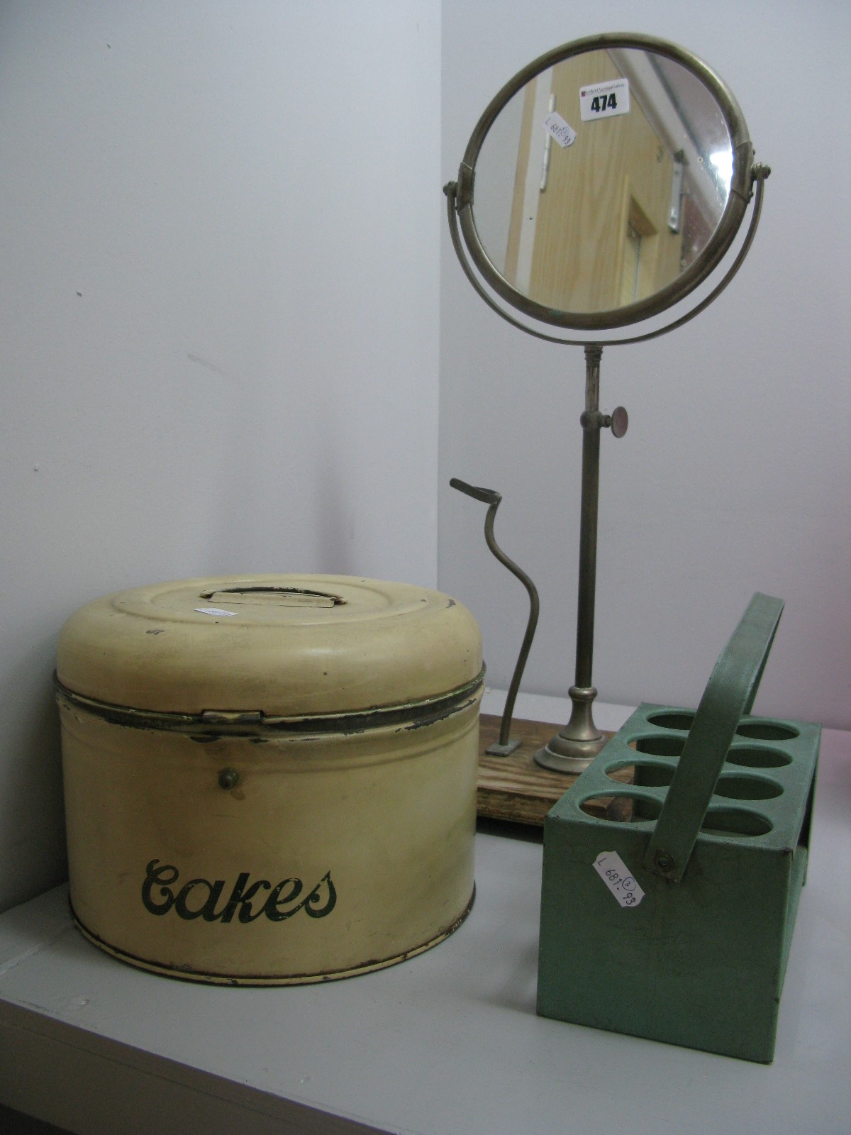 Worcester Ware Metal Egg Stand, with sixteen apertures, cake tin, shaving mirror on oak base.