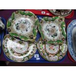A Pair of Mason's Ironstone Bon Bon Dishes, with gilt leaf scroll handles and two similar salad