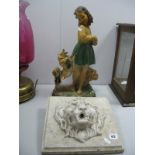 1930's/40's Plaster Figure of Girl with Dog, 48.5cm high; lion head water feature. (2)