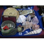 A 'Grained' Earthenware Spittoon, a collection of seashells, manicure set, etc:- One Tray