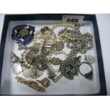 A Pearl Set Bar Brooch, horseshoe brooch (lacking pin), ring mount (damaged), chain, charm bracelet,