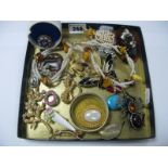 Costume Brooches, including micromosaic, ceramic posy, spider etch, pendants, pearl bead necklace