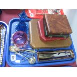 Horn Handled Cheese Knife, cased and loose cutlery, turquoise glass scent bottle, cranberry dish:-