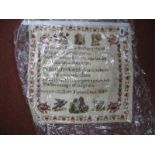 A Mid XIX Century Unframed Sampler, with inner border with horses, and name Sussana Gillot Horton