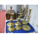 A Pair of Brass Tavern Candlesticks, 31.5cm high, two other pairs:- One Tray