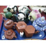 Three Oriental Terracotta Teapots, three later novelty examples ginger jars, snuff bottle:- One