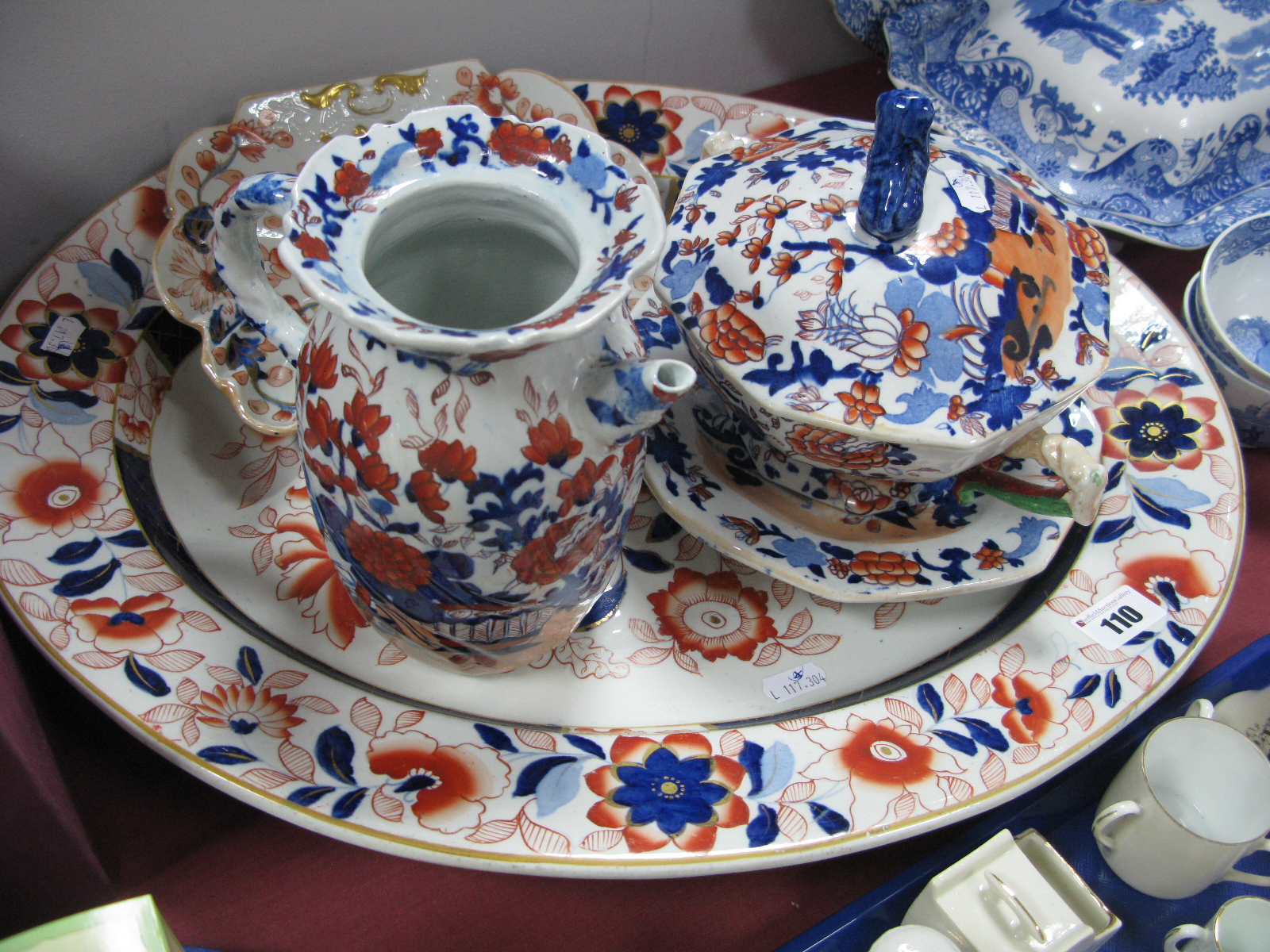 An Ashworth Ironstone Imari Meat Plate, with well; a similar sauce tureen, cover and stand and a