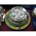 Three Cantonese Famille Rose Plates, 24cm diameter, three other Chinese examples, yellow bordered