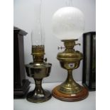 Brass Oil Lamp with Floral Globular Shade, on oak circular stepped base, an Aladdin example (2)