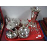 Dixon's Four Piece Britania Metal Tea Service, vase, two toast racks:- One Tray