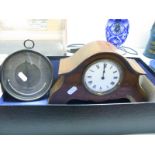 An Edwardian Mahogany Inlaid Mantel Clock, with enamel dial, with Roman numerals; together with a