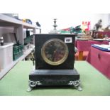 A XIX Century 'French' Black Slate Mantel Clock, "Pissot Nantes" on dial, with a finial top, lion