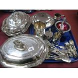 A Mixed Lot of Plated Ware, including pair of lidded entree dishes, decorative pink glass lined