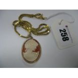 A 9ct Gold Box Link Chain, suspending 9ct gold oval shell carved cameo pendant.