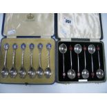 A Set of Six Hallmarked Silver and Enamel Commemorative Coffee Spoons, in original fitted case "