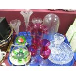 A Cranberry Glass Vase, four cranberry glass wines, an Art Nouveau glass bowl with green drip effect