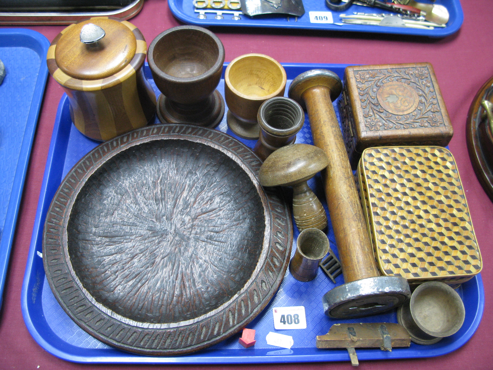 A Carved Bark Offering Plate, straw and hardwood boxes, darning mushroom etc:- One Tray