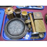 A Carved Bark Offering Plate, straw and hardwood boxes, darning mushroom etc:- One Tray