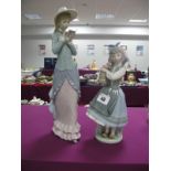 Two Lladro Models, 'lady walking whilst reading a book' and a 'young girl carrying a pail of