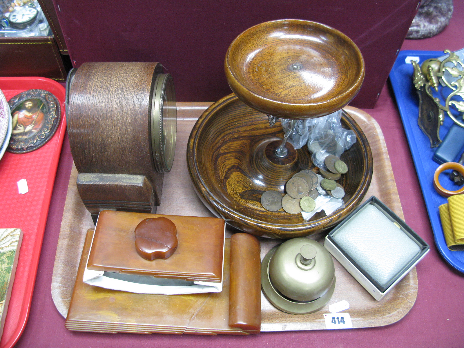 Bakelite Desk Blotter and Stand, (damaged), desk bell, oak table centre with chrome nude maiden