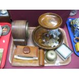 Bakelite Desk Blotter and Stand, (damaged), desk bell, oak table centre with chrome nude maiden