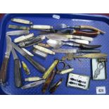 A Collection of Assorted Pen/Pocket Knives, corkscrew, butter knives, button hooks etc:- One Tray.