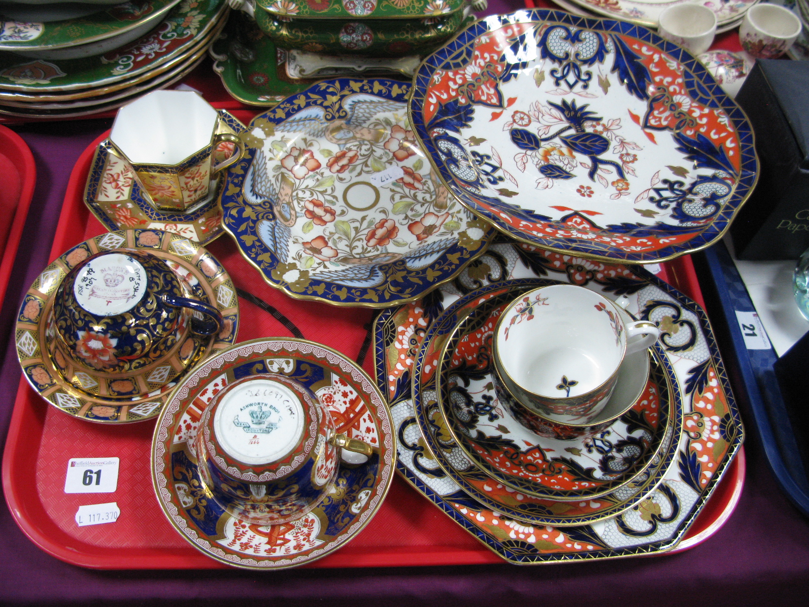 A XIX Century Ashworth Imari Cups and Saucers, Mason's trio and comport, etc:- One Tray