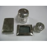A Hallmarked Silver Topped Glass Jar, a miniature hallmarked silver photograph frame, on easel back,