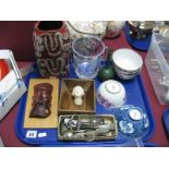 Chinese Rice Bowls, red glazed terracotta vase, glass vase, wall masks, etc:- One Tray