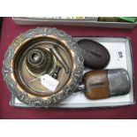 Two Leather Covered Glass Hip Flasks, one with removable base cup, wine funnel (damaged) and a large