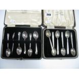 A Set of Six Hallmarked Silver Coffee Spoons, in a fitted case, together with another set, of Art