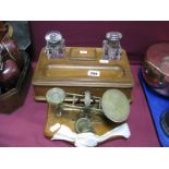 Early XX Century Olive Wood Desk Stand, with glass wells and single drawer, brass scales and