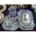 Three XIX Century Graduated Meat Plates, two square bowls and an Ashworth Hydra jug:- One Tray