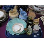 A Majolica Shell Dish, (cracked), Brameld Jasper jug, XIX Century cottage jug, other ceramics:-