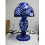 A Lead Crystal Table Lamp and Shade, cobalt blue on a clear glass with star patterned and flash