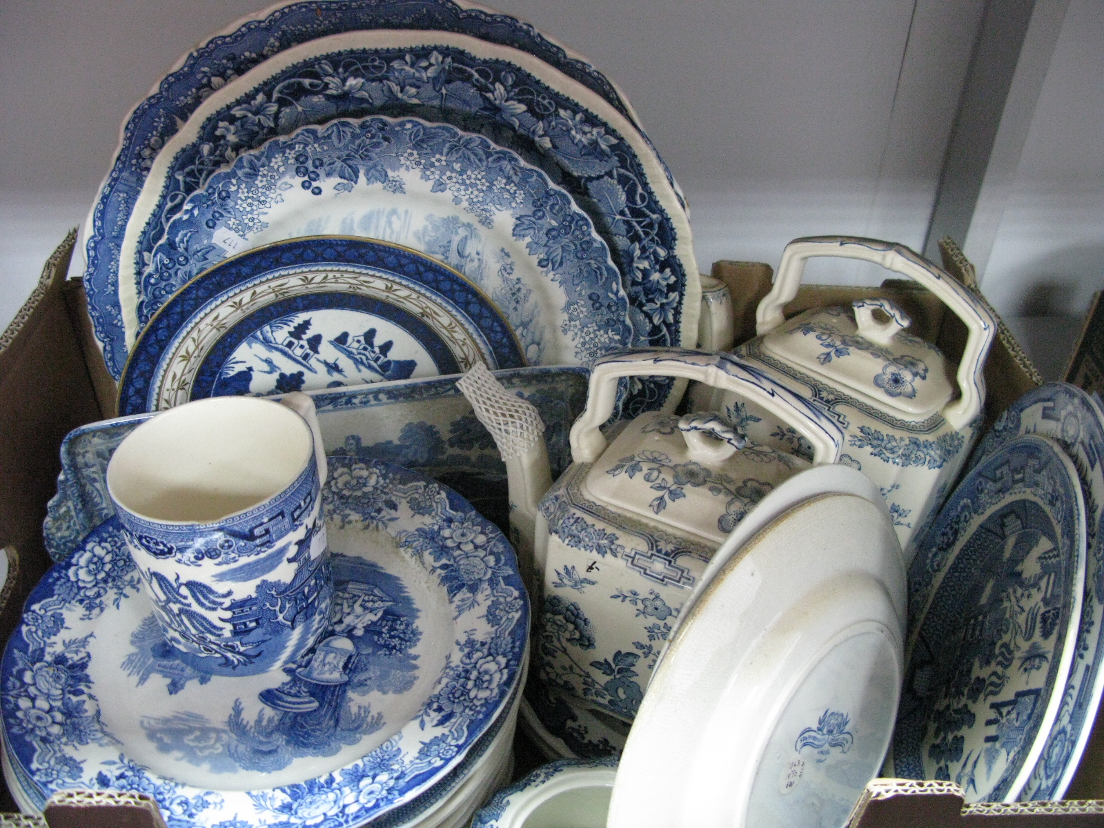 Two Early XX Century Mason's 'Vista' Chargers, a quantity of other blue and white pottery