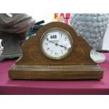 Early XX Century Inlaid Oak Cased Mantle Clock, on plinth base and brass ball feet.