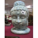 Turquoise Streaked Glazed Pottery, female Oriental head on oval base, 33cm tall.