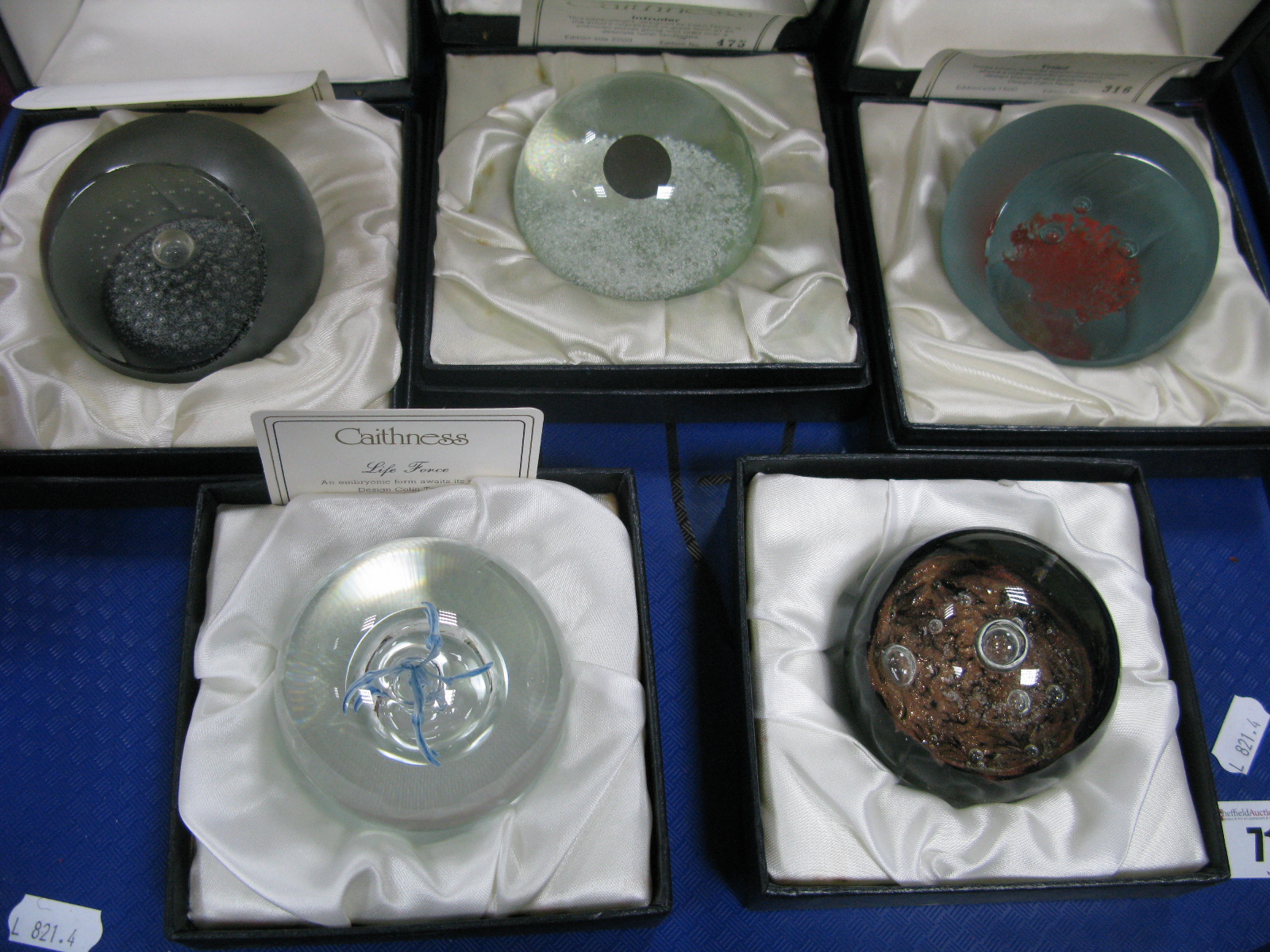 Caithness Paperweights: Arctic Night, limited edition No. 164/1500; Intruder No. 475/2000; Triad No.