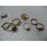 Two 9ct Gold Signet Style Rings, a 9ct gold plain wedding band, two rings (cut), etc. (7)