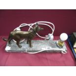 A Marble Based Art Deco Desk Lamp, surrounded by dog in spelter, 37.5cm in length.